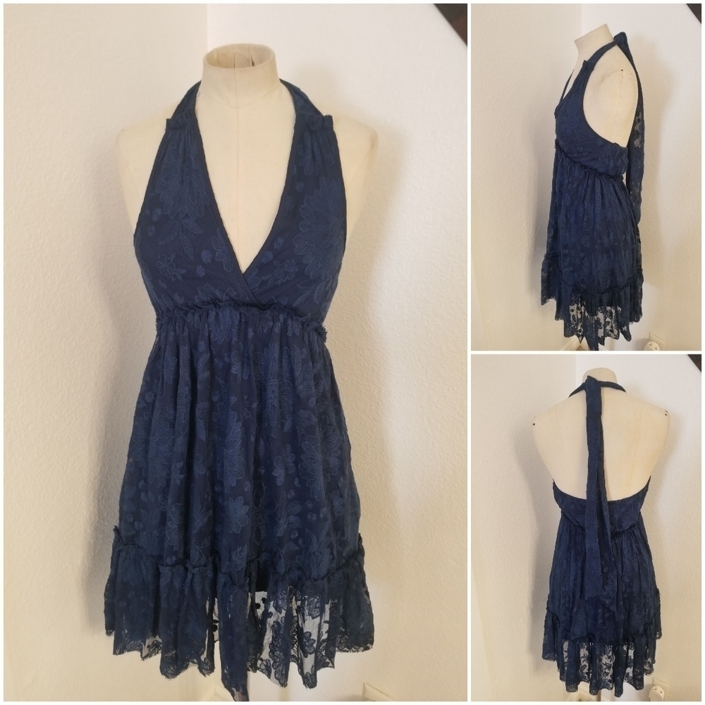 Band of gypsies Babydoll Mini Dress XS Blue Halter Open Back Lace Whimsygoth